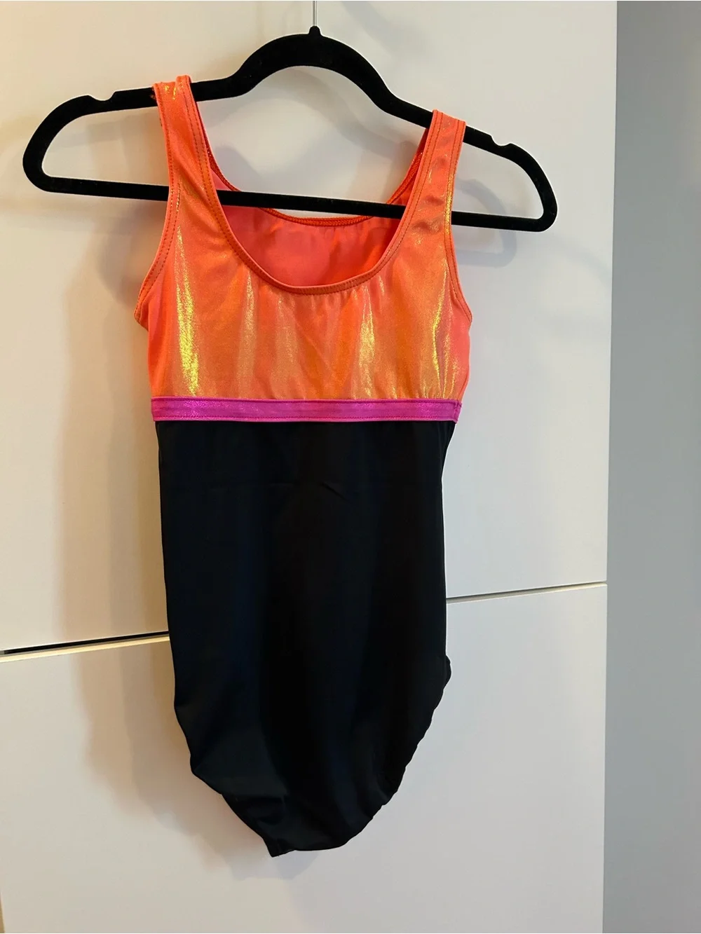 balera Orange Shimmer & Pink Trim Black Tank Leotard - Size LC